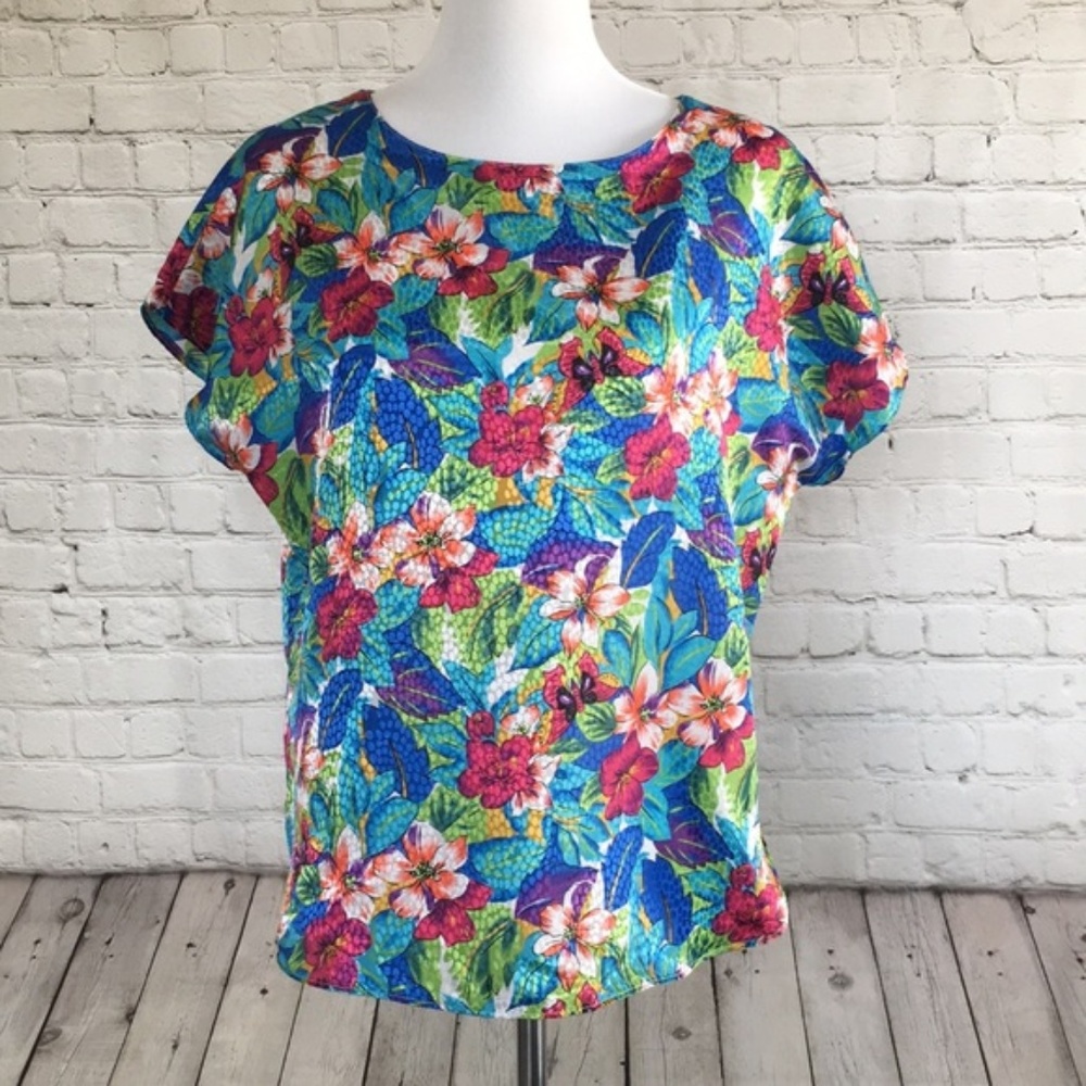 Vintage 80s 90s Tropical Floral Print Blouse